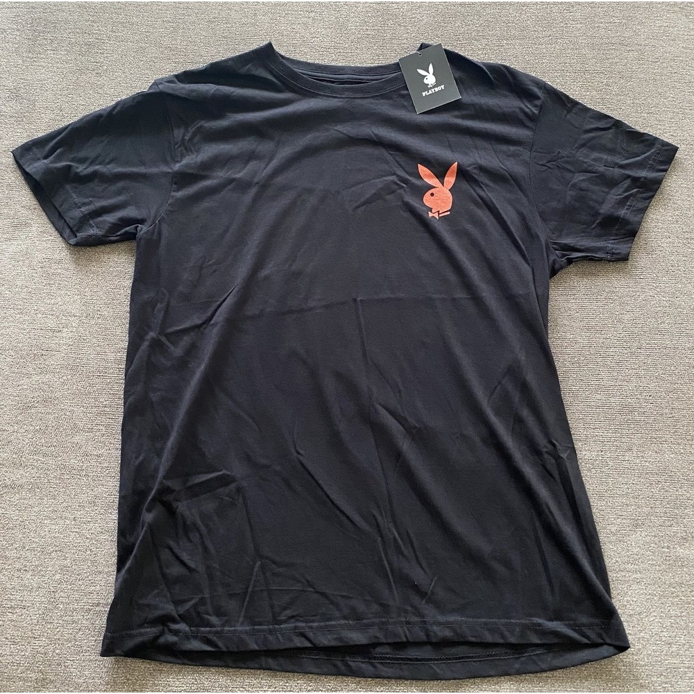 Playboy Black Repeat Logo Back Bunny Men's Shirt Graphic Tee Tagless Cotton XL